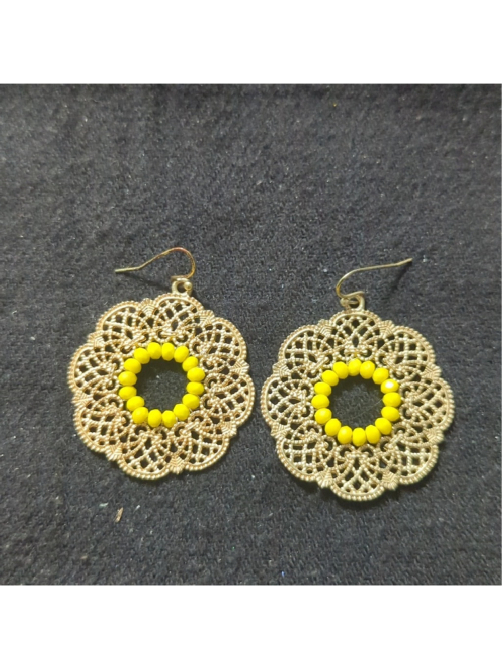 Gold Tone Yellow Rhinestone Filagree Mandala Disc Statement Earrings